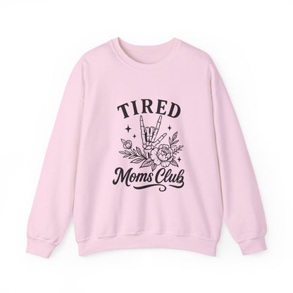 Tired Moms Club Crewneck Sweatshirt — Floral Rock Hand Graphic
