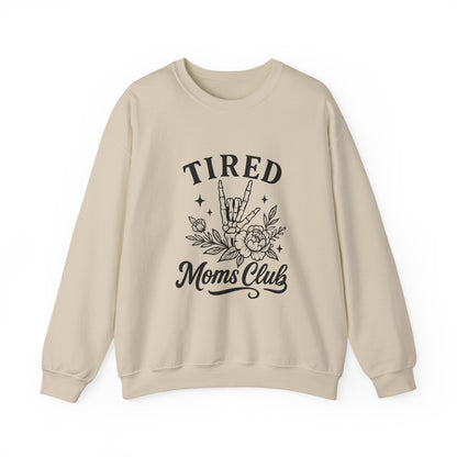 Tired Moms Club Crewneck Sweatshirt — Floral Rock Hand Graphic