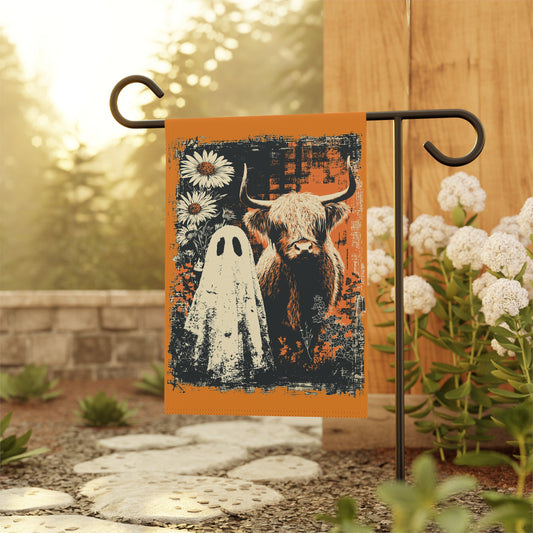 Halloween Ghost & Highland Cow Garden Flag - Rustic Orange Fall Yard Banner