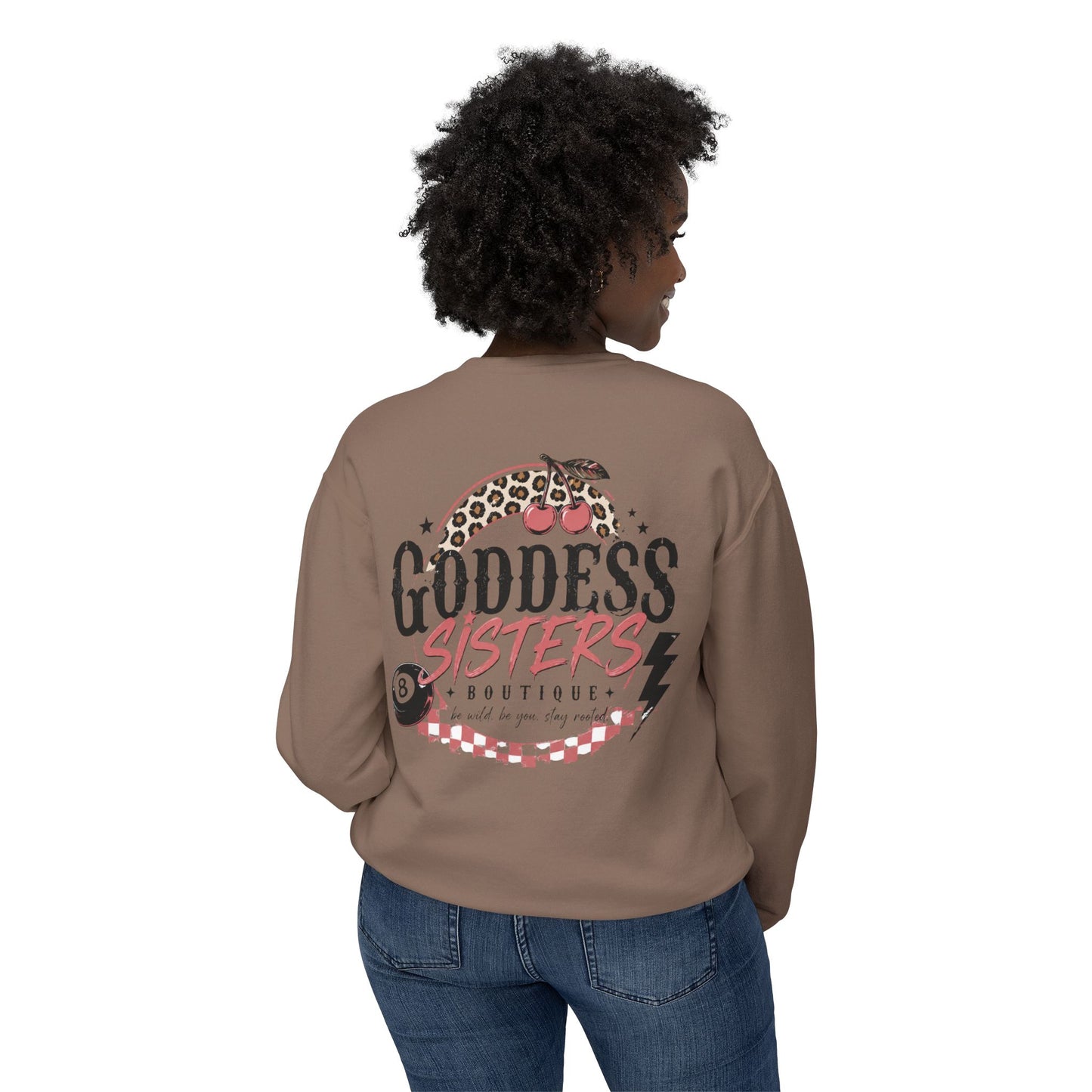 Goddess Sisters Crewneck Sweatshirt — Retro Cherry & Leopard Graphic