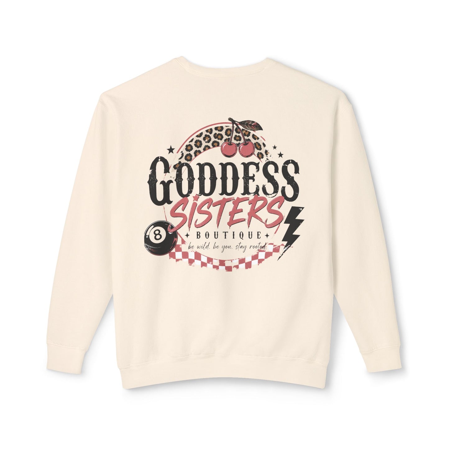 Goddess Sisters Crewneck Sweatshirt — Retro Cherry & Leopard Graphic