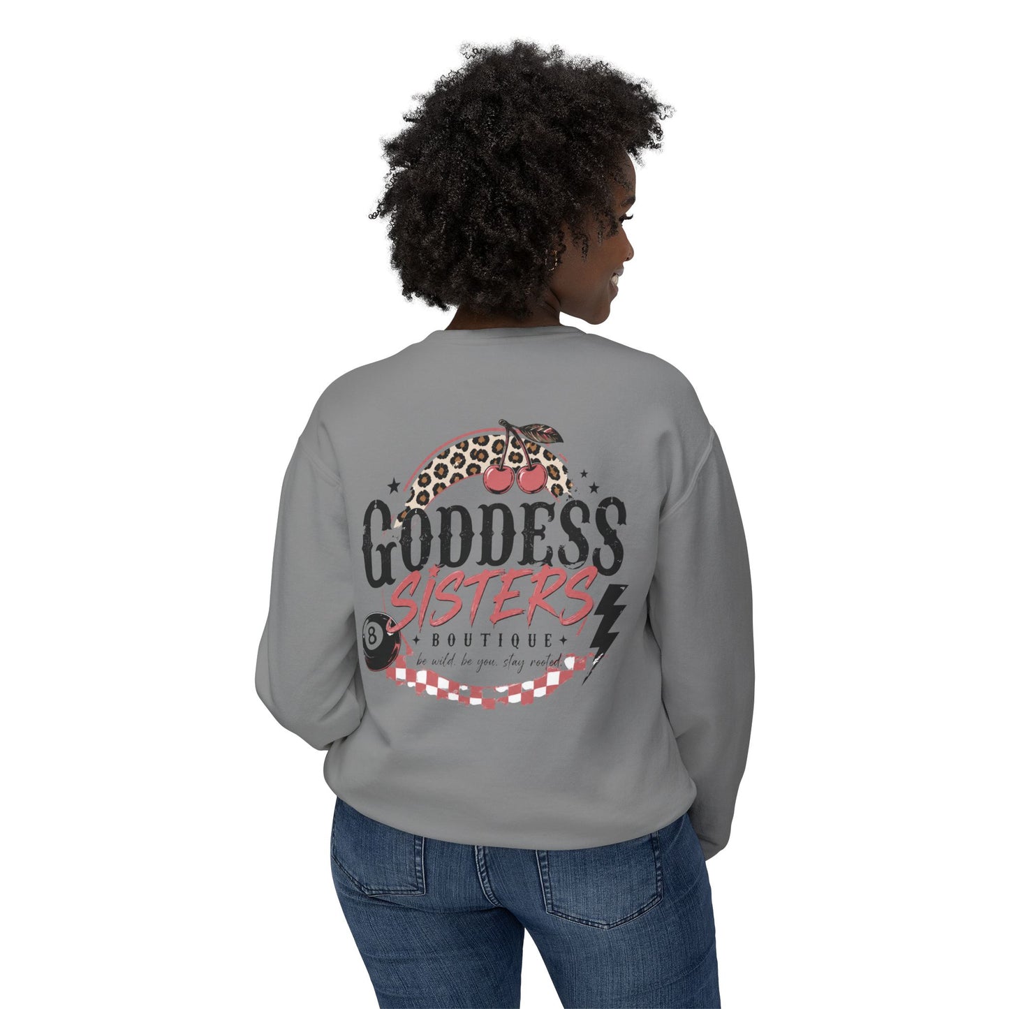 Goddess Sisters Crewneck Sweatshirt — Retro Cherry & Leopard Graphic