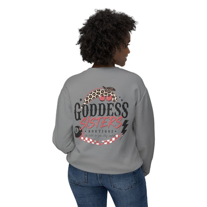 Goddess Sisters Crewneck Sweatshirt — Retro Cherry & Leopard Graphic