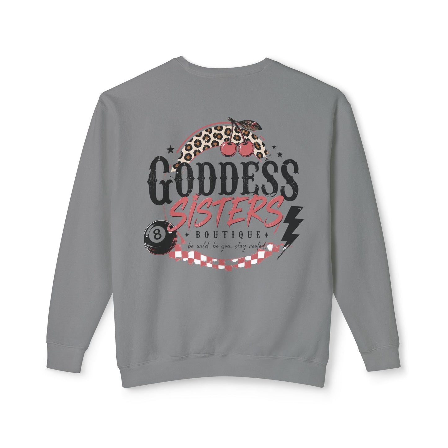 Goddess Sisters Crewneck Sweatshirt — Retro Cherry & Leopard Graphic