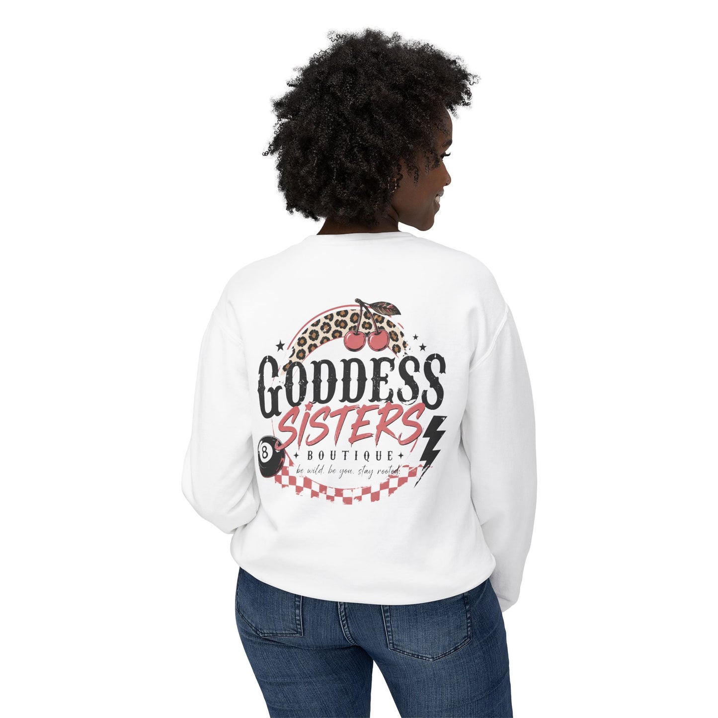 Goddess Sisters Crewneck Sweatshirt — Retro Cherry & Leopard Graphic