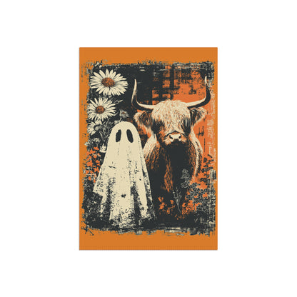 Halloween Ghost & Highland Cow Garden Flag - Rustic Orange Fall Yard Banner