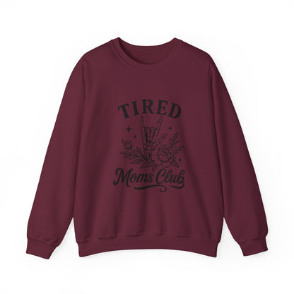 Tired Moms Club Crewneck Sweatshirt — Floral Rock Hand Graphic