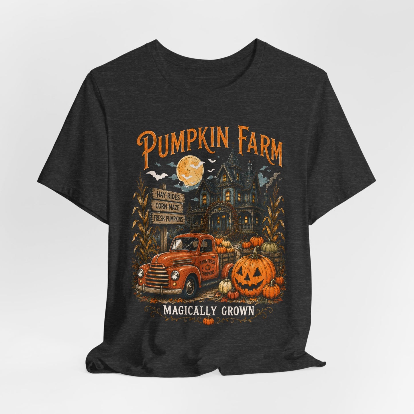 Pumpkin Farm Halloween Tee — "Magically Grown" Vintage Truck & Jack-O'-Lantern Shirt