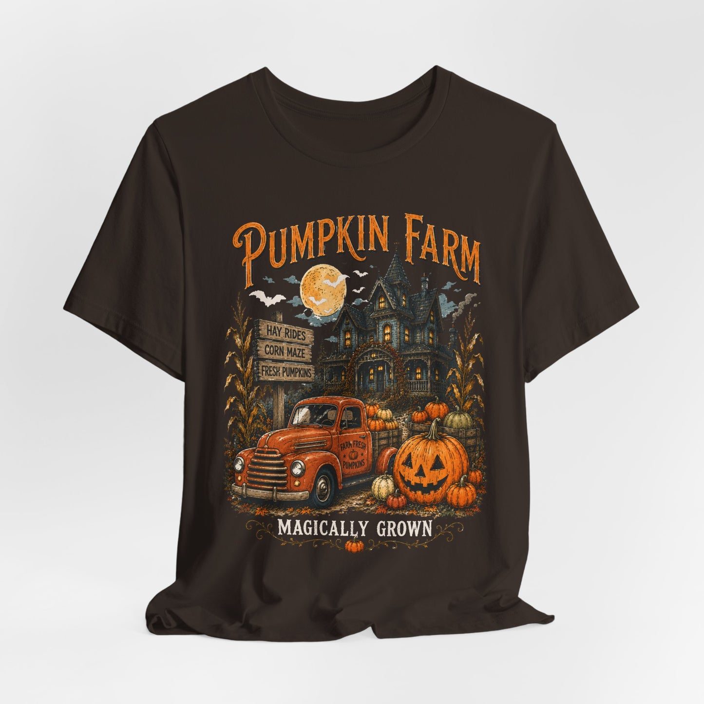 Pumpkin Farm Halloween Tee — "Magically Grown" Vintage Truck & Jack-O'-Lantern Shirt