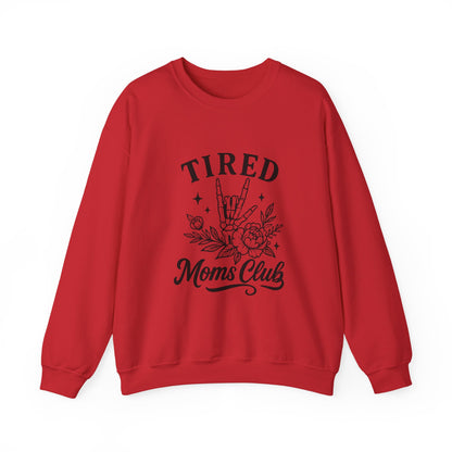 Tired Moms Club Crewneck Sweatshirt — Floral Rock Hand Graphic
