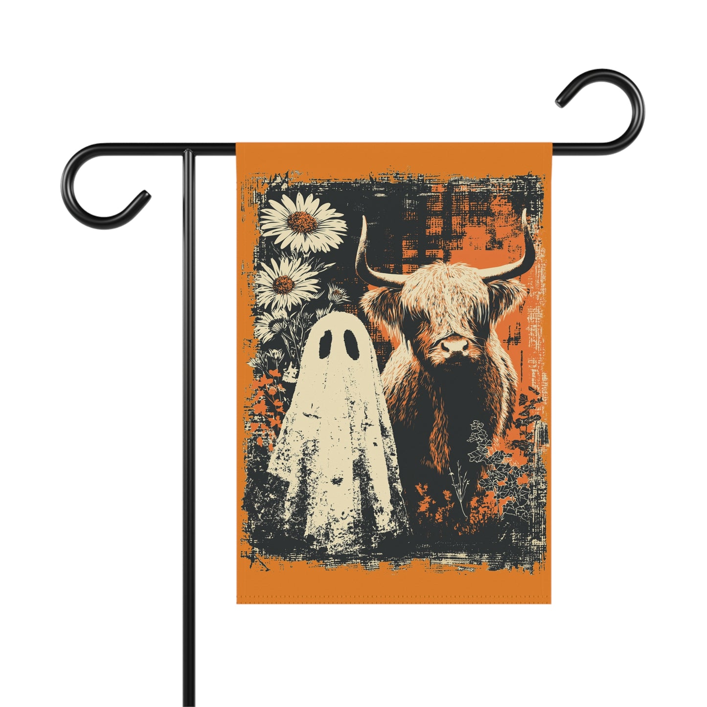 Halloween Ghost & Highland Cow Garden Flag - Rustic Orange Fall Yard Banner