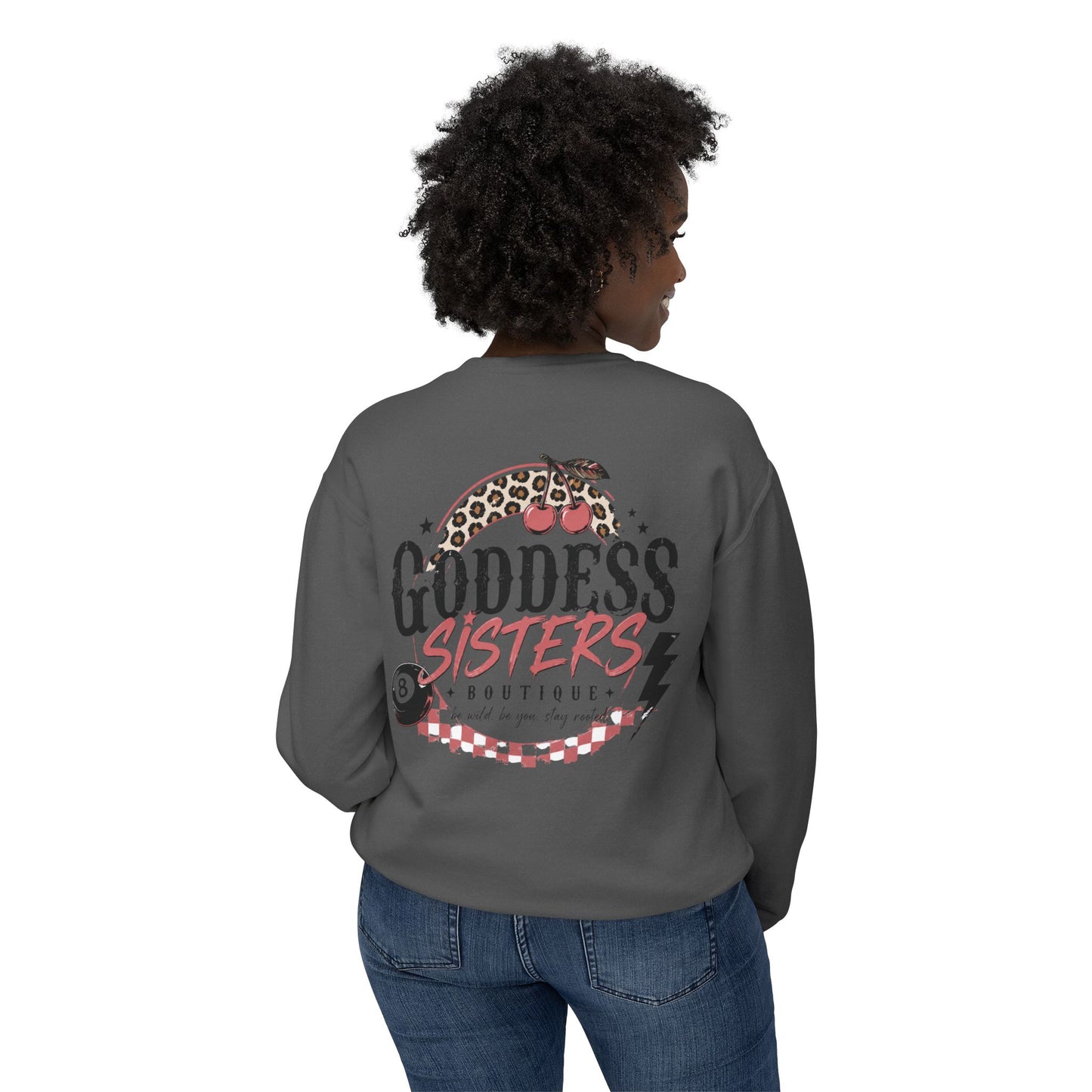 Goddess Sisters Crewneck Sweatshirt — Retro Cherry & Leopard Graphic