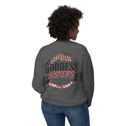 Goddess Sisters Crewneck Sweatshirt — Retro Cherry & Leopard Graphic