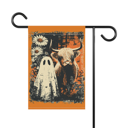 Halloween Ghost & Highland Cow Garden Flag - Rustic Orange Fall Yard Banner