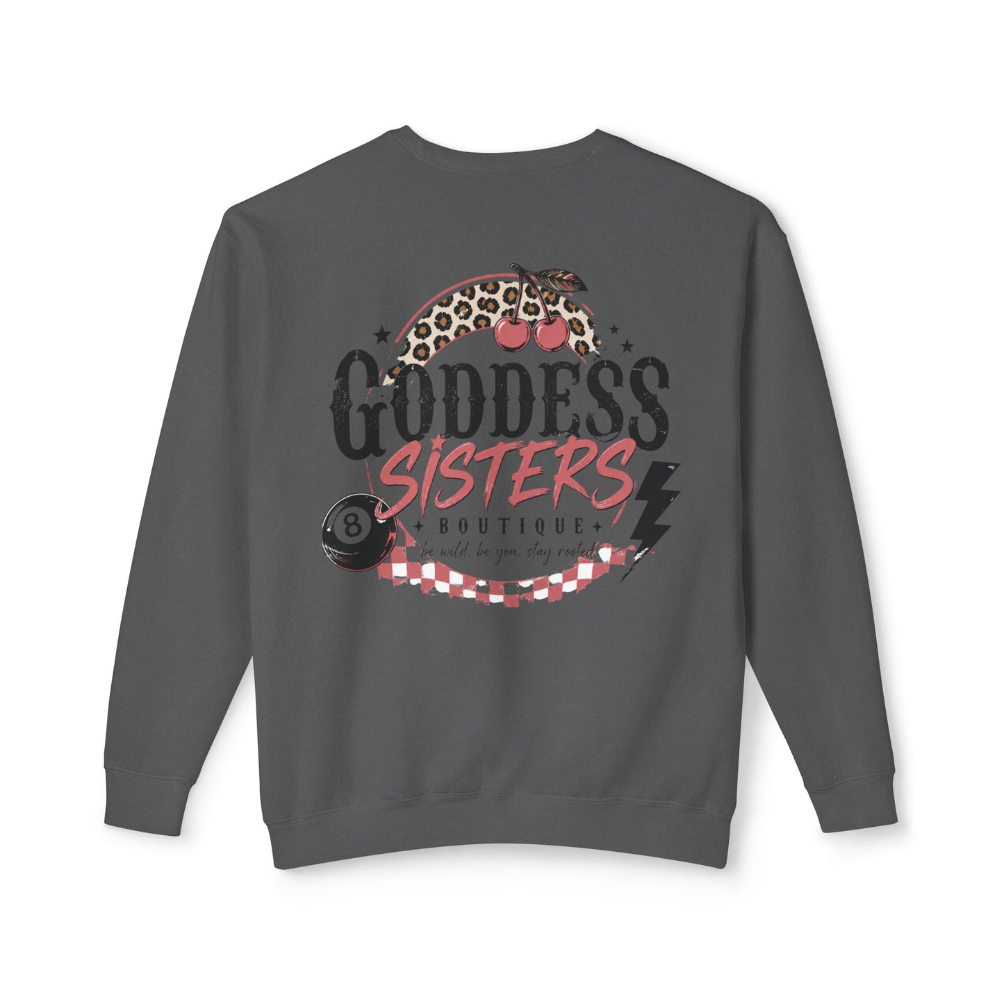 Goddess Sisters Crewneck Sweatshirt — Retro Cherry & Leopard Graphic