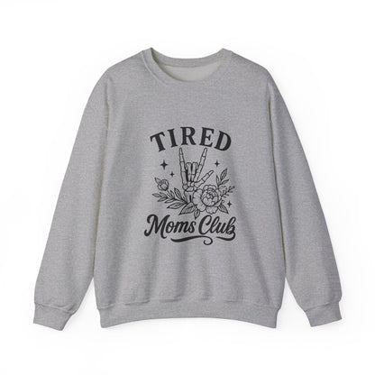 Tired Moms Club Crewneck Sweatshirt — Floral Rock Hand Graphic