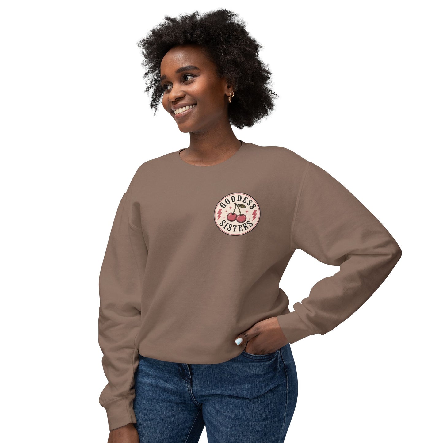 Goddess Sisters Crewneck Sweatshirt — Retro Cherry & Leopard Graphic