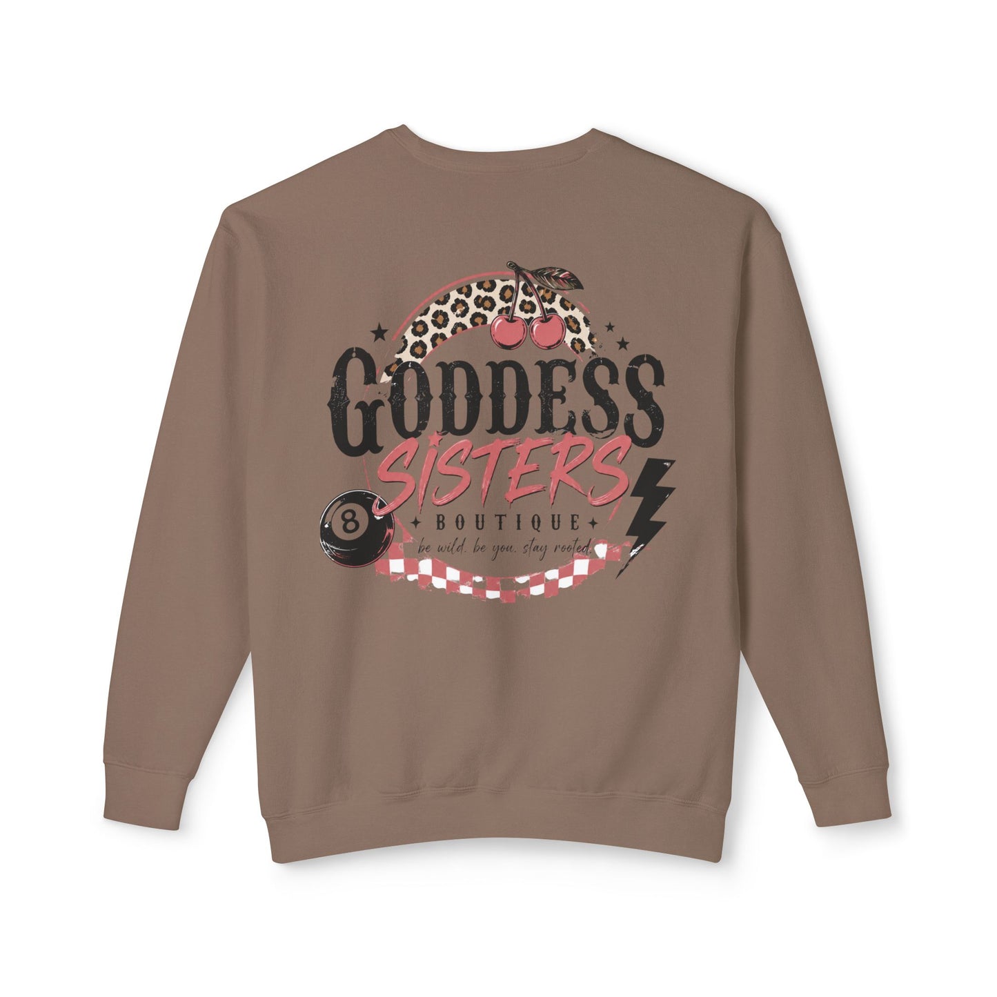 Goddess Sisters Crewneck Sweatshirt — Retro Cherry & Leopard Graphic