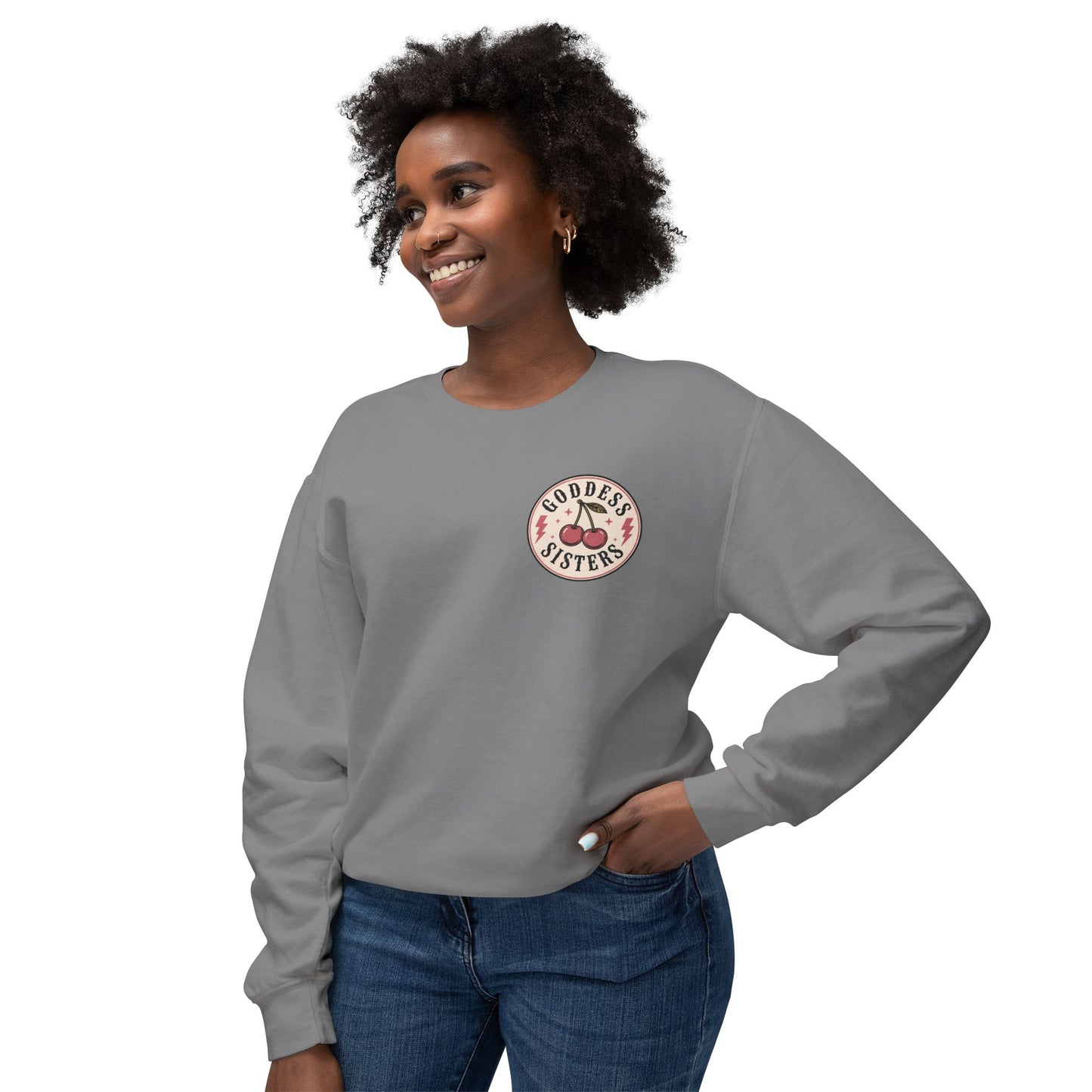 Goddess Sisters Crewneck Sweatshirt — Retro Cherry & Leopard Graphic