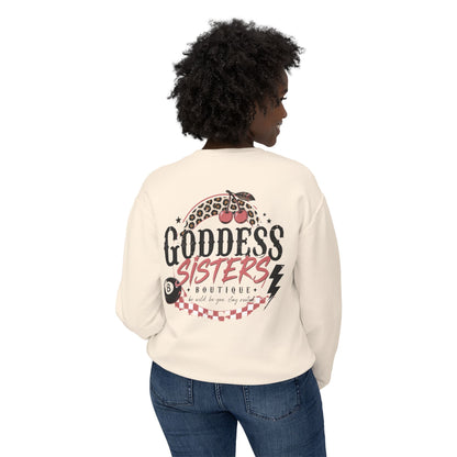 Goddess Sisters Crewneck Sweatshirt — Retro Cherry & Leopard Graphic