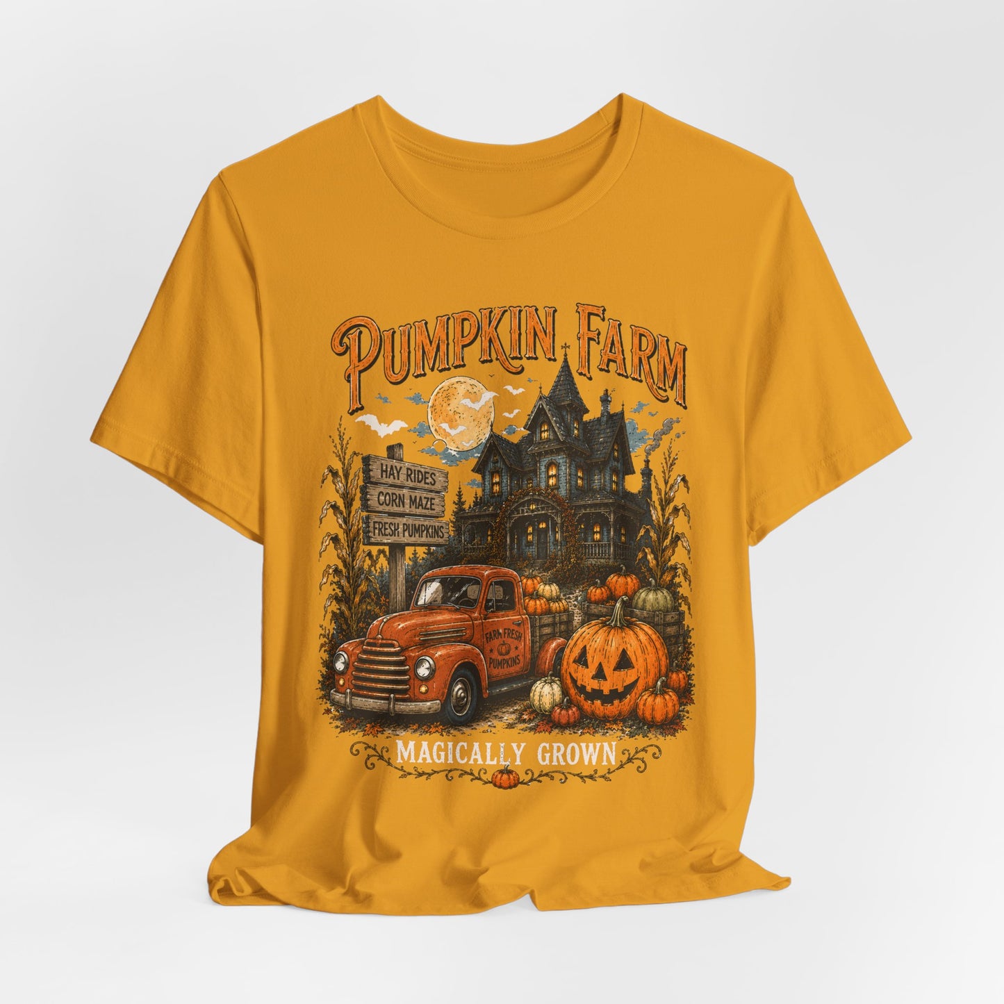 Pumpkin Farm Halloween Tee — "Magically Grown" Vintage Truck & Jack-O'-Lantern Shirt